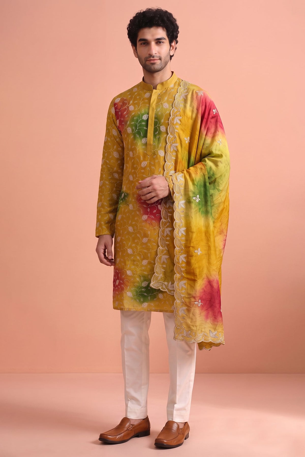 Mustard Art Silk Embroidered Kurta Pajama with Stole