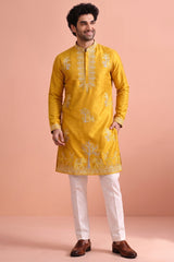 Yellow Satin Embroidered Kurta Pajama