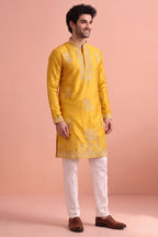 Yellow Satin Embroidered Kurta Pajama