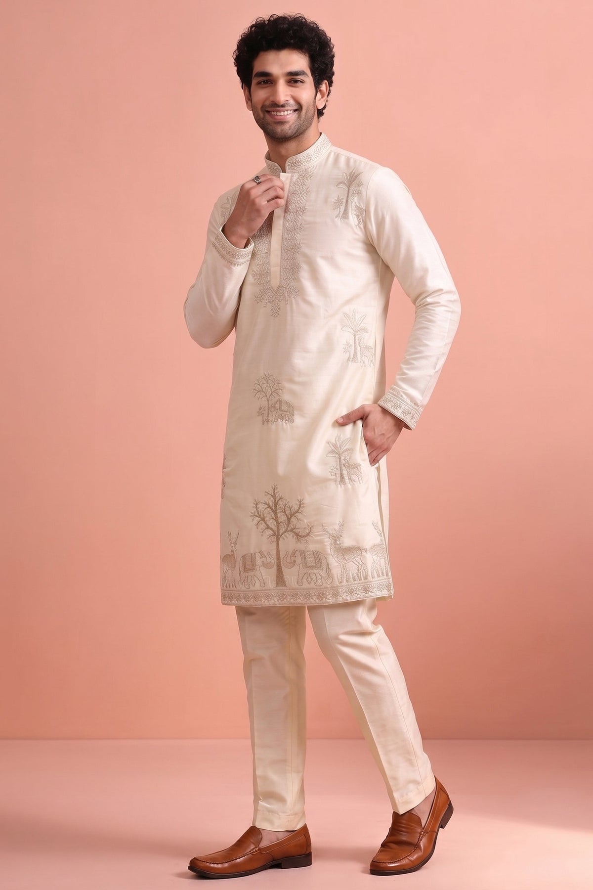 White Satin Embroidered Kurta Pajama