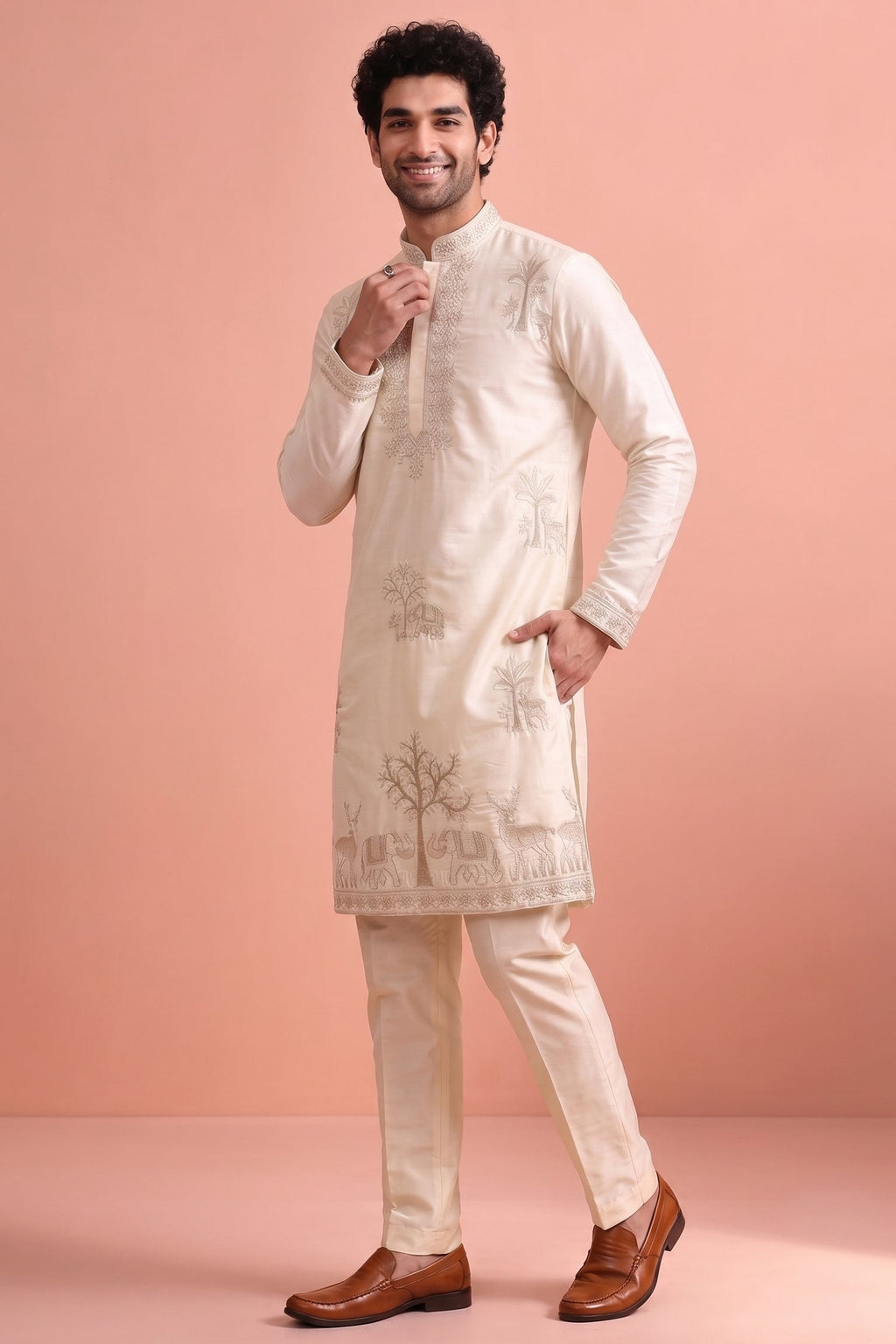 White Satin Embroidered Kurta Pajama