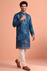 Blue Satin Embroidered Kurta Pajama