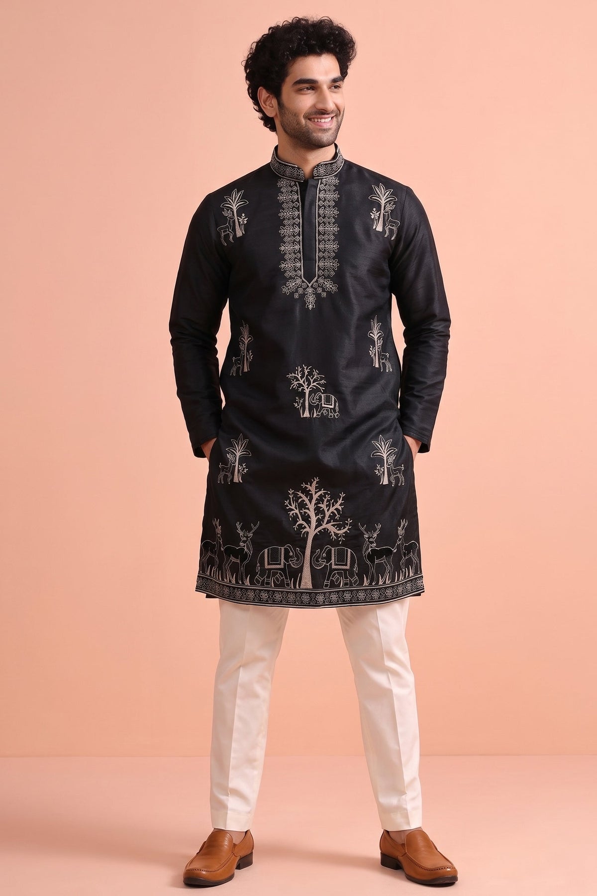 Black Satin Embroidered Kurta Pajama