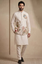Off White Viscose Embroidered Kurta Pajama with Jacket