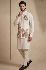 Off White Viscose Embroidered Kurta Pajama with Jacket