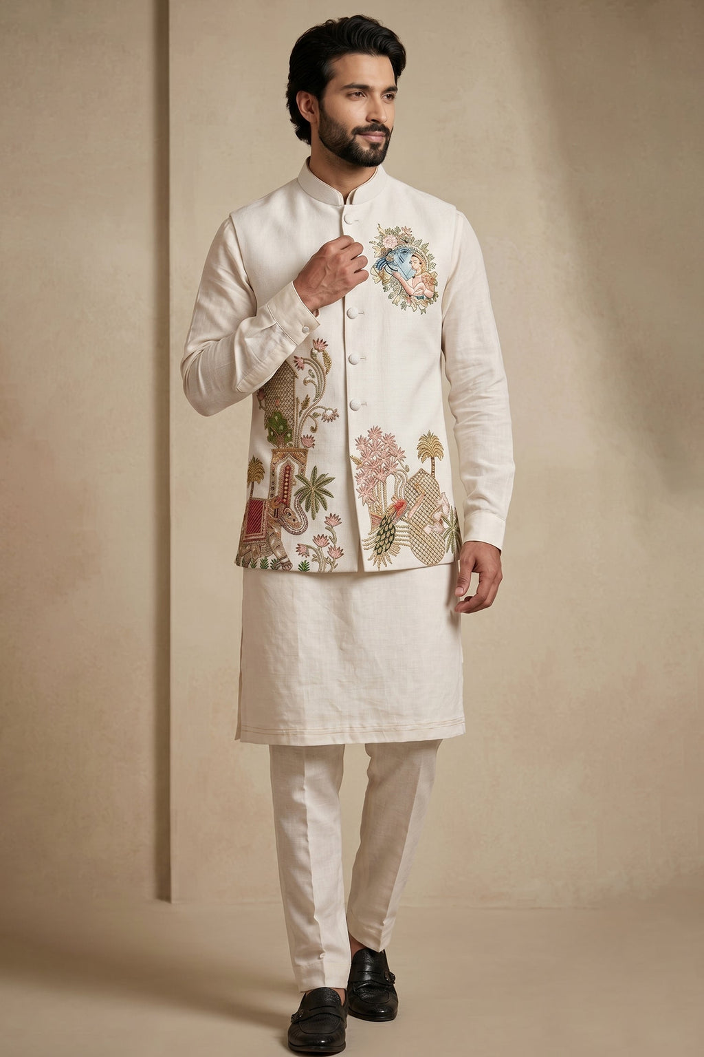 Off White Viscose Embroidered Kurta Pajama with Jacket