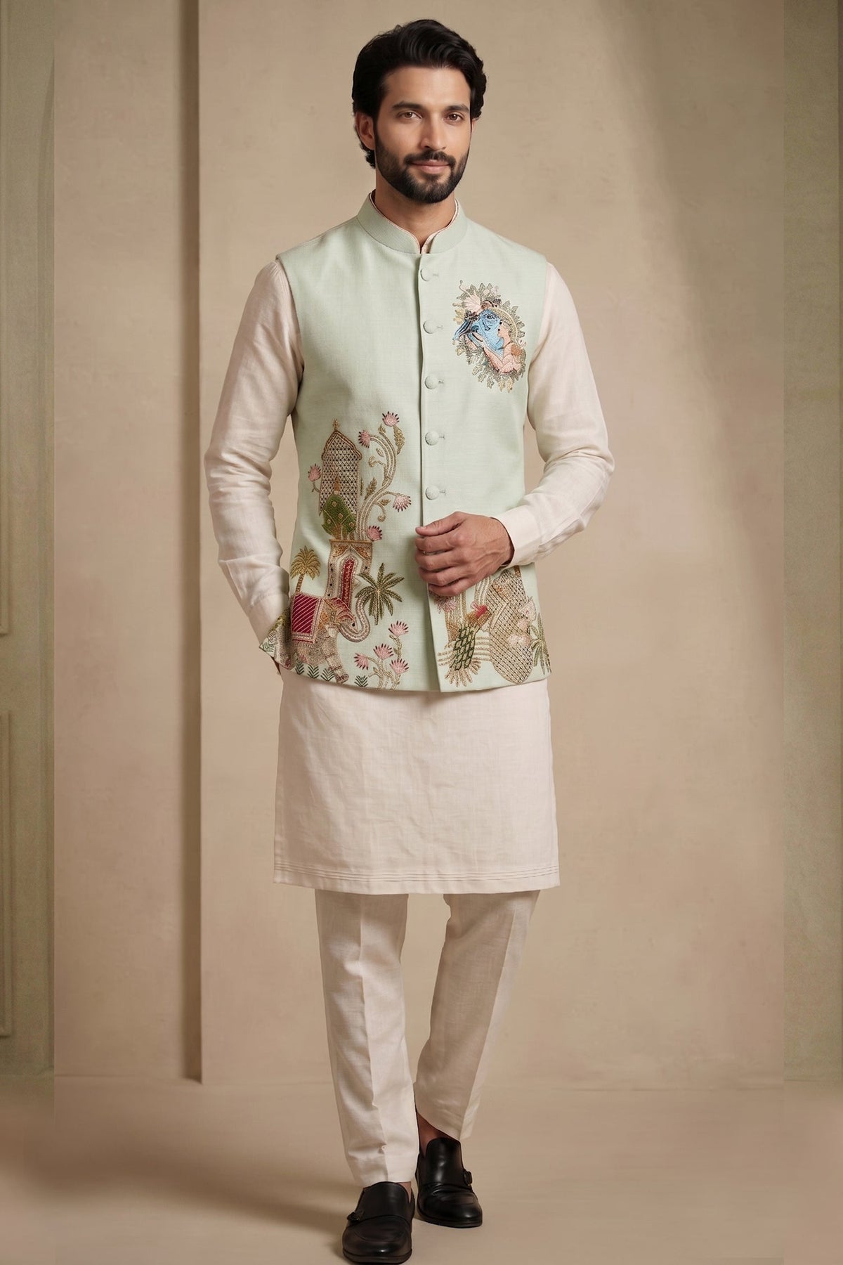 Off White Viscose Embroidered Kurta Pajama with Jacket