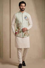 Off White Viscose Embroidered Kurta Pajama with Jacket
