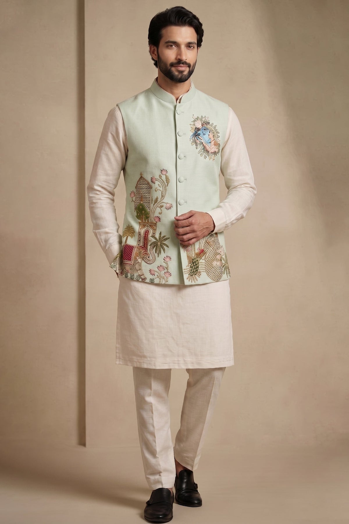 Off White Viscose Embroidered Kurta Pajama with Jacket