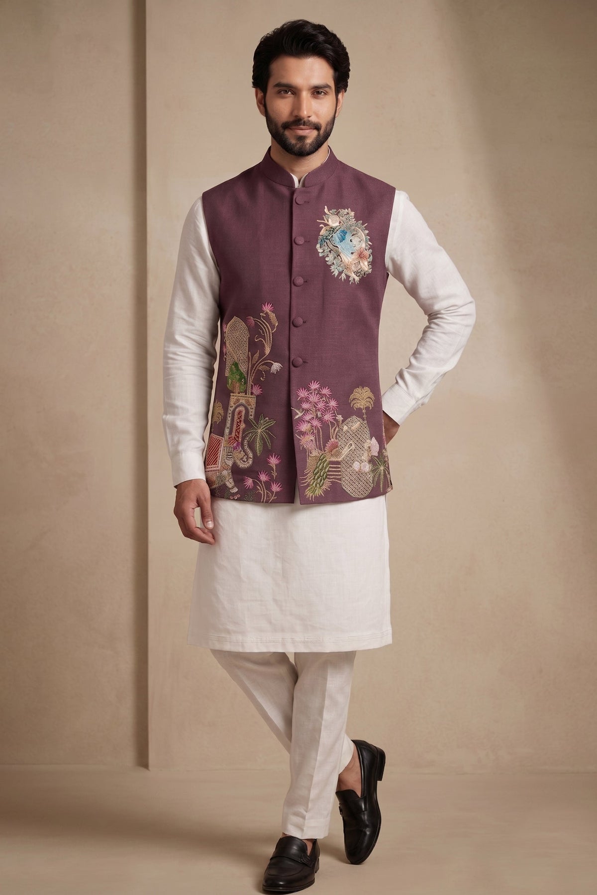 Off White Viscose Embroidered Kurta Pajama with Jacket