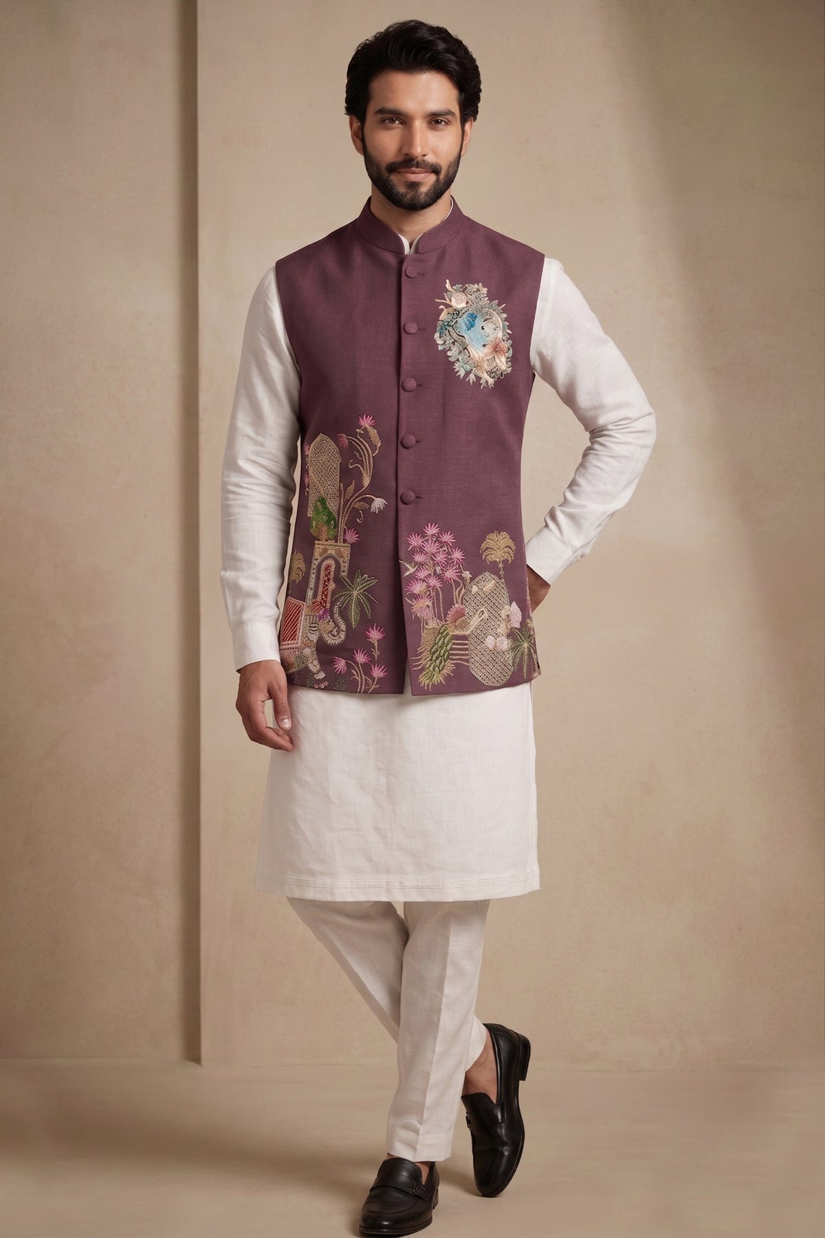 Off White Viscose Embroidered Kurta Pajama with Jacket