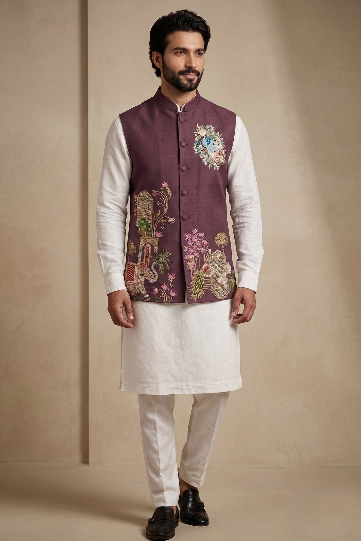 Off White Viscose Embroidered Kurta Pajama with Jacket