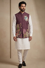 Off White Viscose Embroidered Kurta Pajama with Jacket