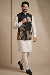 Off White Viscose Embroidered Kurta Pajama with Jacket