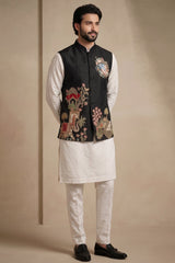 Off White Viscose Embroidered Kurta Pajama with Jacket