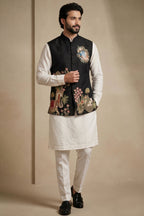Off White Viscose Embroidered Kurta Pajama with Jacket