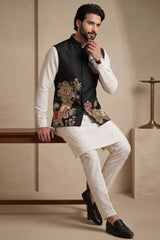 Off White Viscose Embroidered Kurta Pajama with Jacket