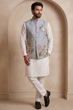 Off White Viscose Embroidered Kurta Pajama with Jacket