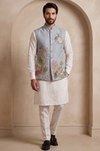 Off White Viscose Embroidered Kurta Pajama with Jacket