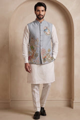 Off White Viscose Embroidered Kurta Pajama with Jacket