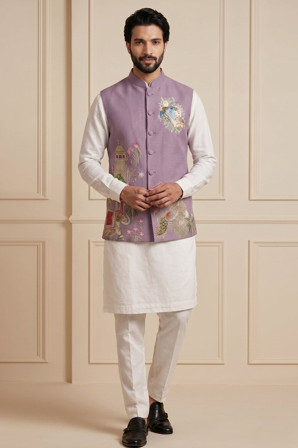 Off White Viscose Embroidered Kurta Pajama with Jacket