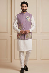 Off White Viscose Embroidered Kurta Pajama with Jacket