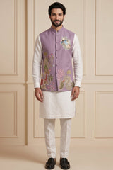 Off White Viscose Embroidered Kurta Pajama with Jacket