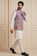 Off White Viscose Embroidered Kurta Pajama with Jacket