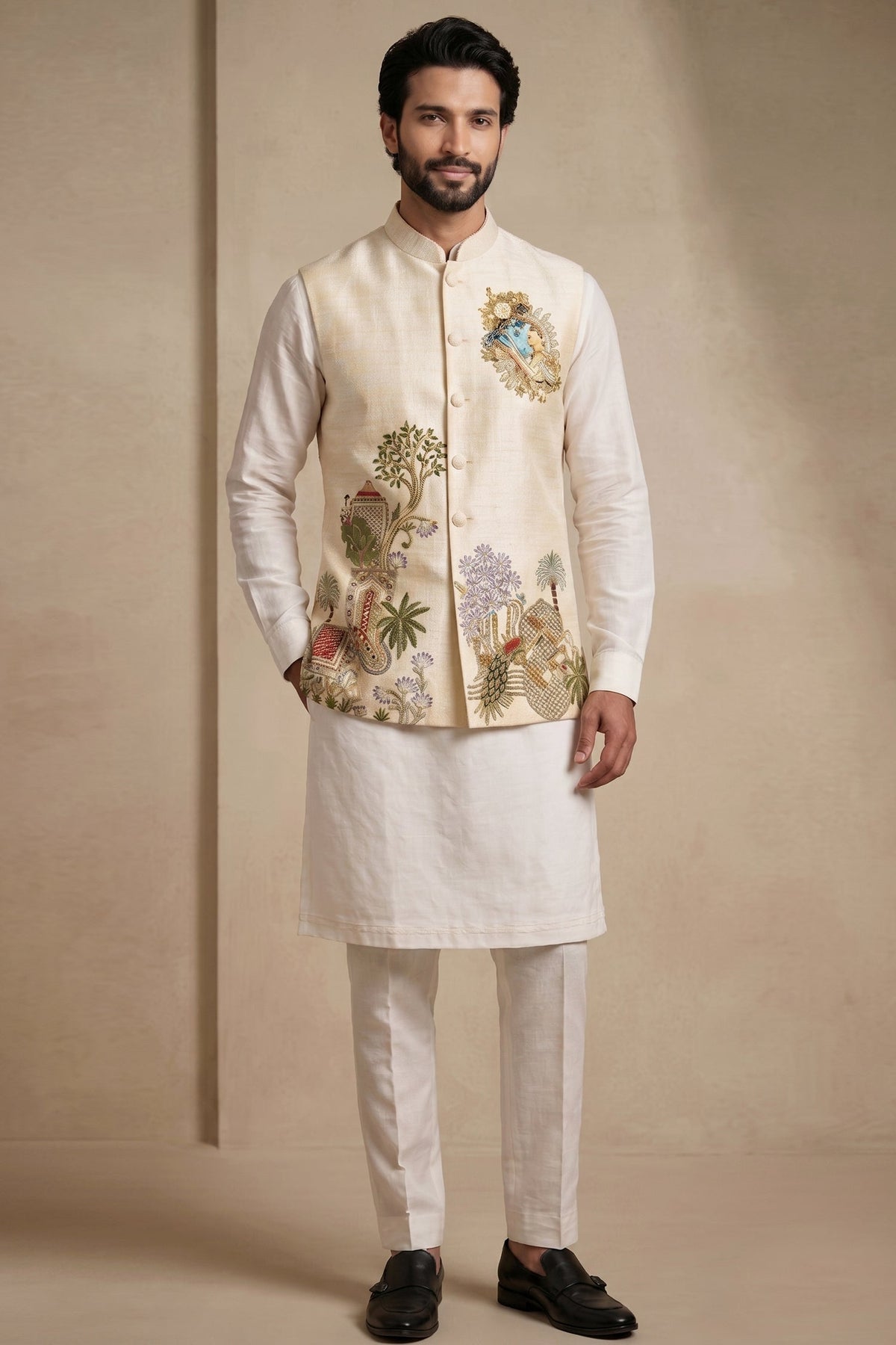 Off White Viscose Embroidered Kurta Pajama with Jacket