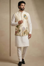 Off White Viscose Embroidered Kurta Pajama with Jacket