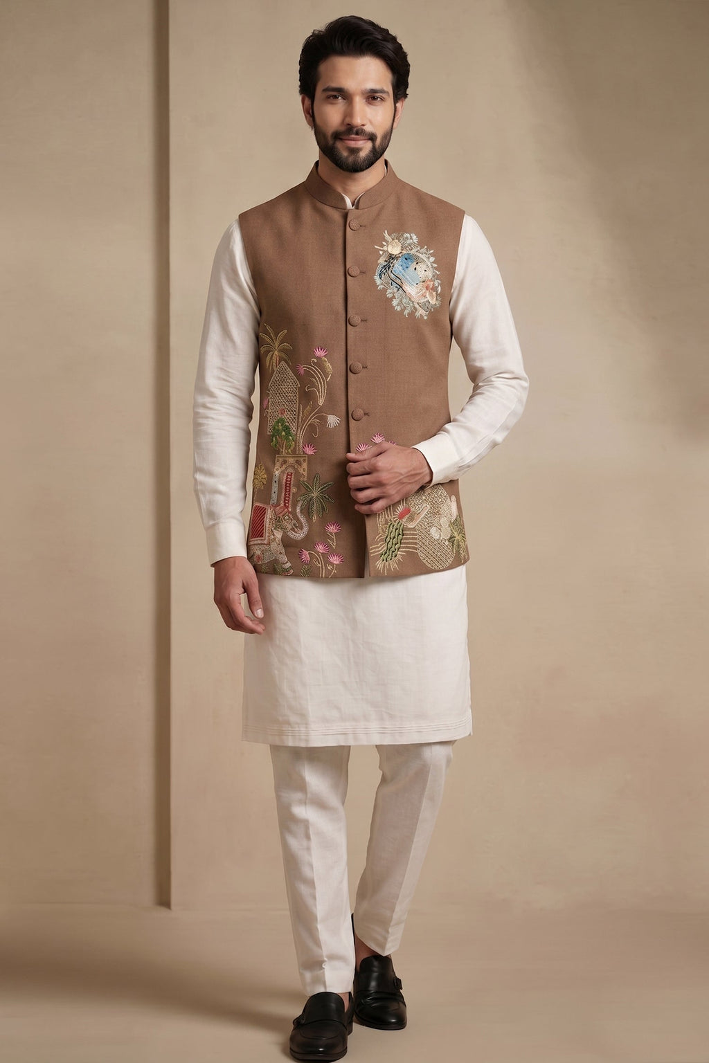 Off White Viscose Embroidered Kurta Pajama with Jacket