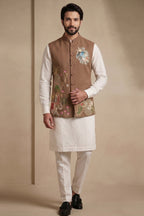 Off White Viscose Embroidered Kurta Pajama with Jacket