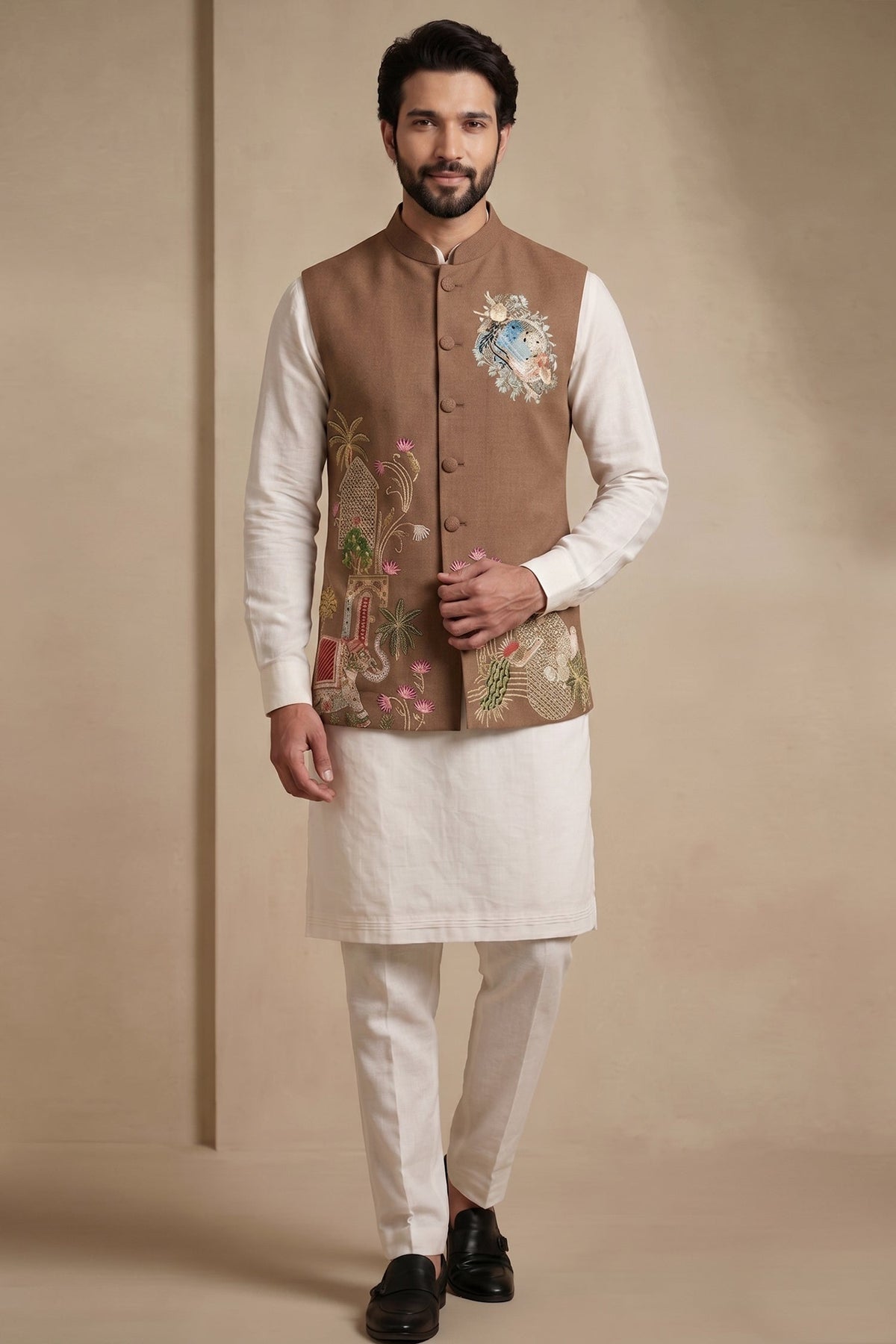Off White Viscose Embroidered Kurta Pajama with Jacket