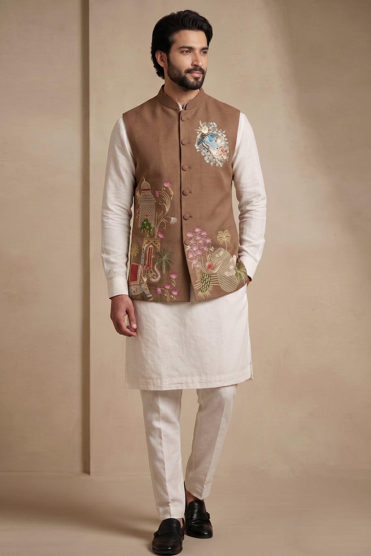 Off White Viscose Embroidered Kurta Pajama with Jacket