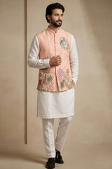 Off White Viscose Embroidered Kurta Pajama with Jacket