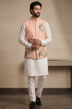 Off White Viscose Embroidered Kurta Pajama with Jacket