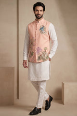Off White Viscose Embroidered Kurta Pajama with Jacket