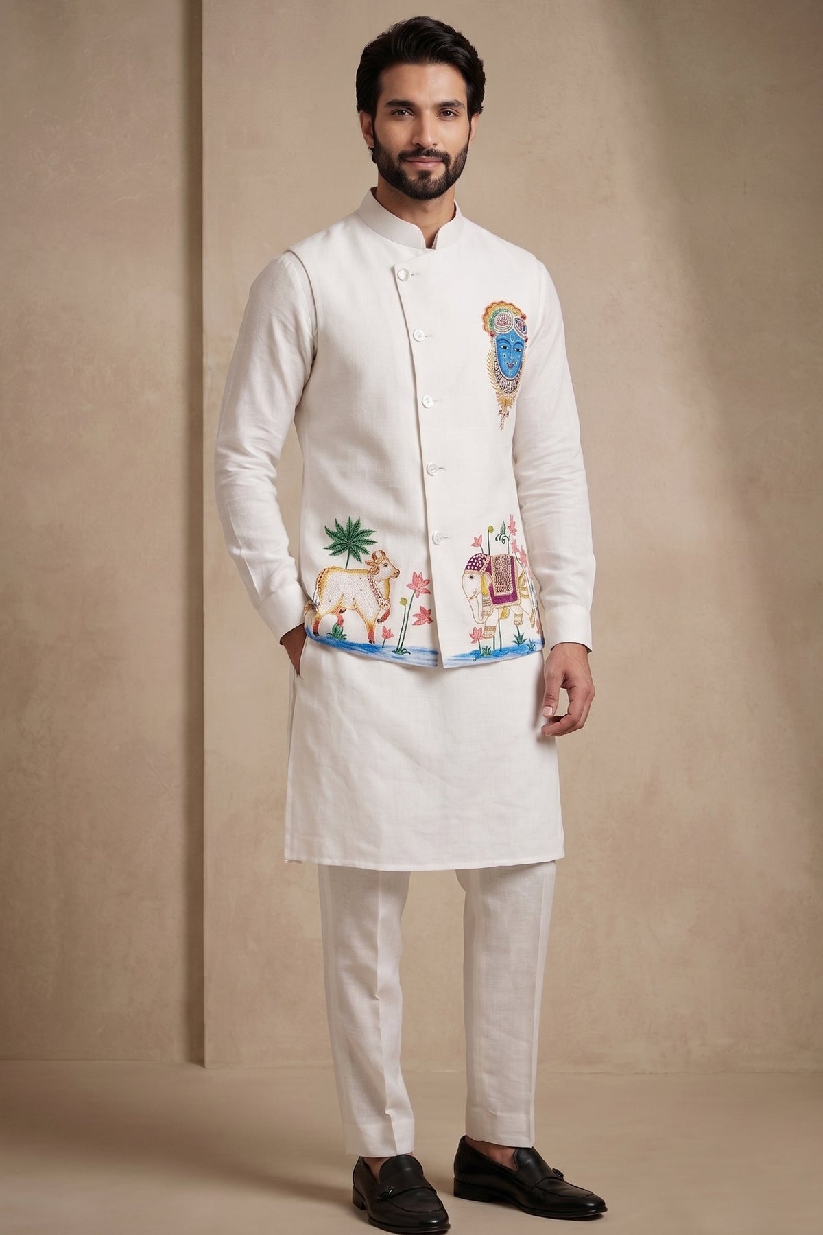 Off White Viscose Embroidered Kurta Pajama with Jacket