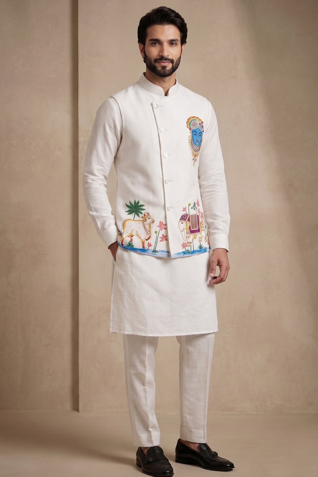 Off White Viscose Embroidered Kurta Pajama with Jacket