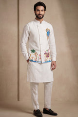 Off White Viscose Embroidered Kurta Pajama with Jacket