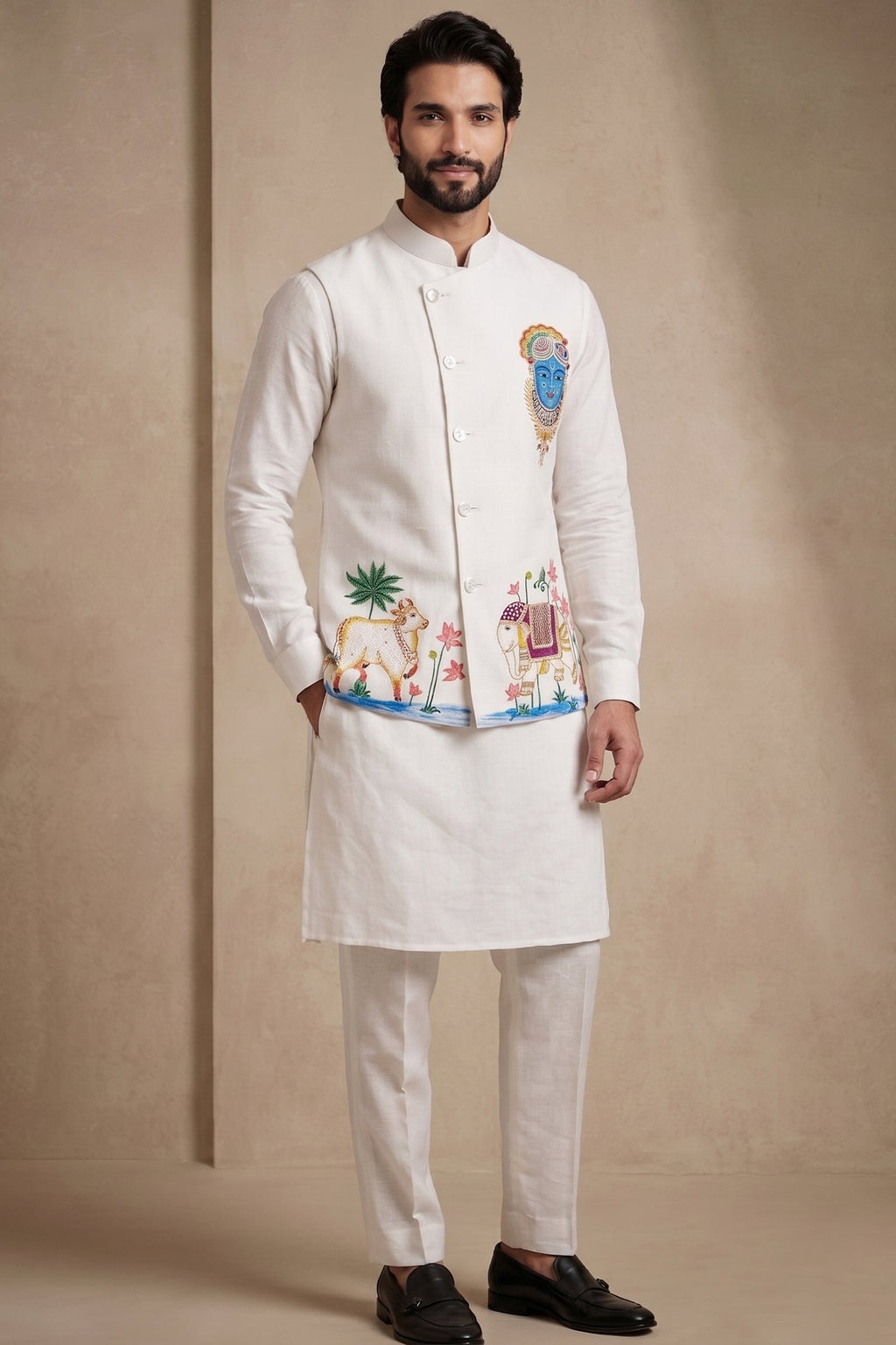Off White Viscose Embroidered Kurta Pajama with Jacket