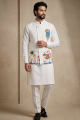 Off White Viscose Embroidered Kurta Pajama with Jacket