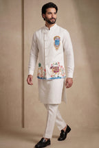 Off White Viscose Embroidered Kurta Pajama with Jacket