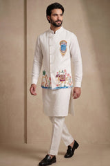 Off White Viscose Embroidered Kurta Pajama with Jacket