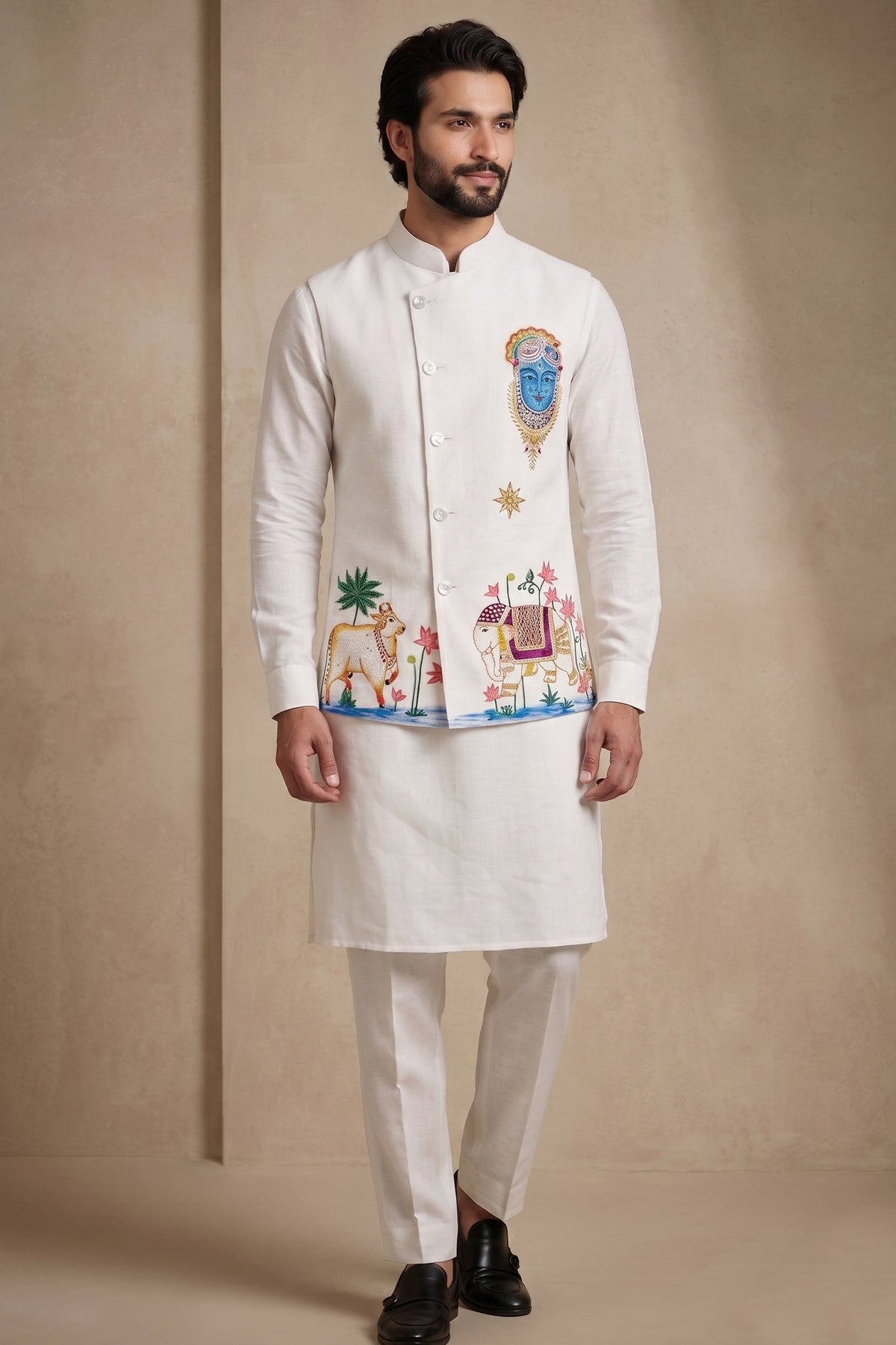 Off White Viscose Embroidered Kurta Pajama with Jacket