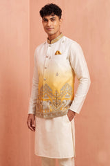 Off White Banarasi Silk Embroidered Kurta Pajama with Jacket