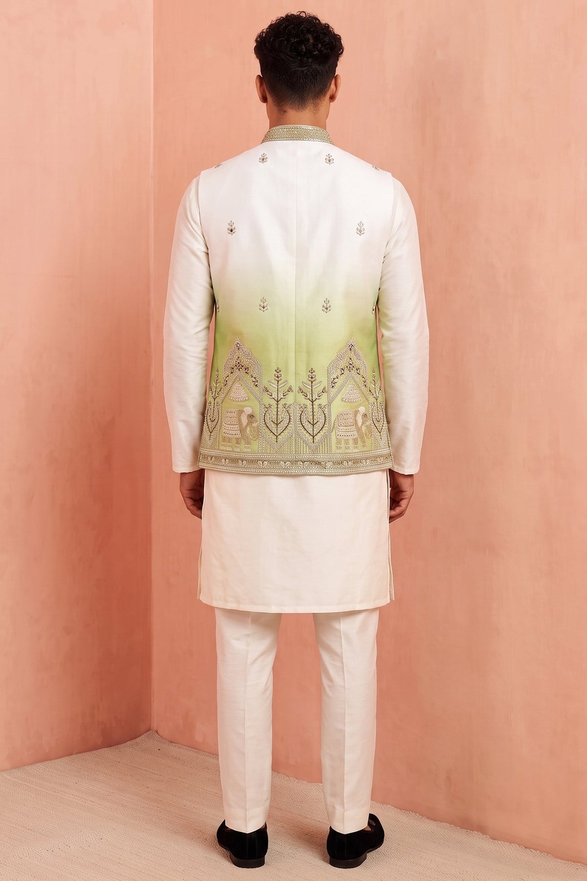 Off White Banarasi Silk Embroidered Kurta Pajama with Jacket