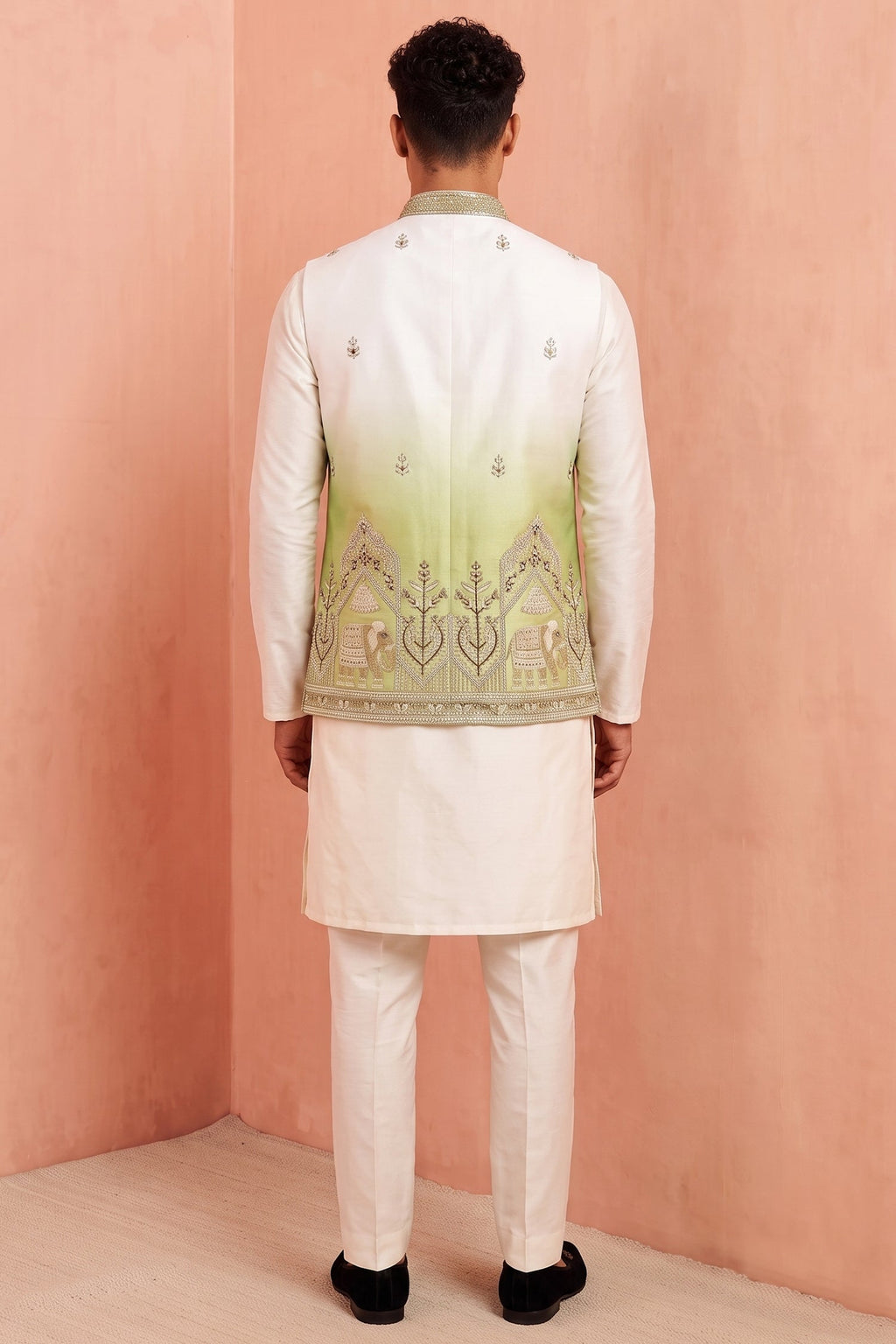 Off White Banarasi Silk Embroidered Kurta Pajama with Jacket