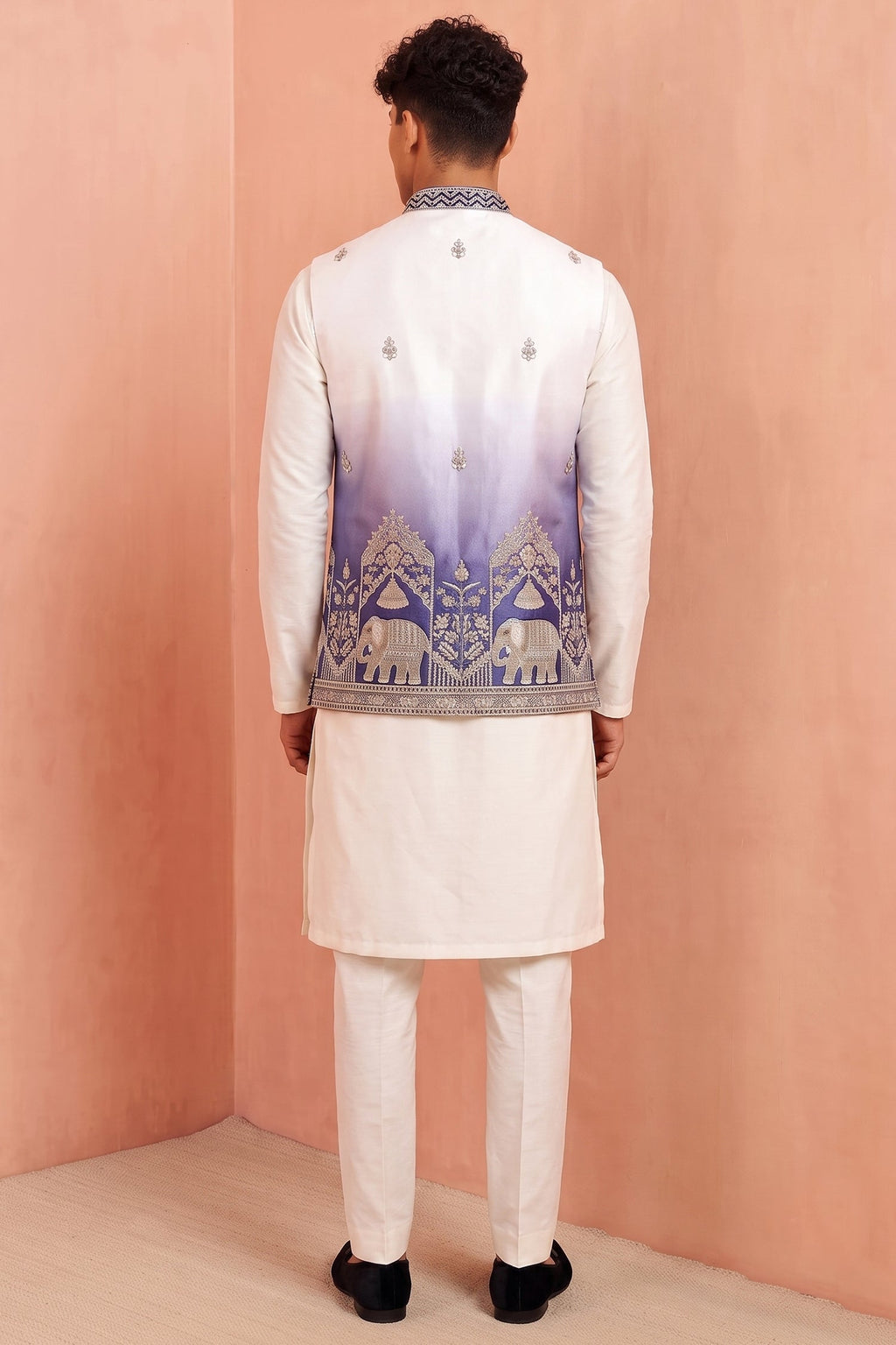 Off White Banarasi Silk Embroidered Kurta Pajama with Jacket