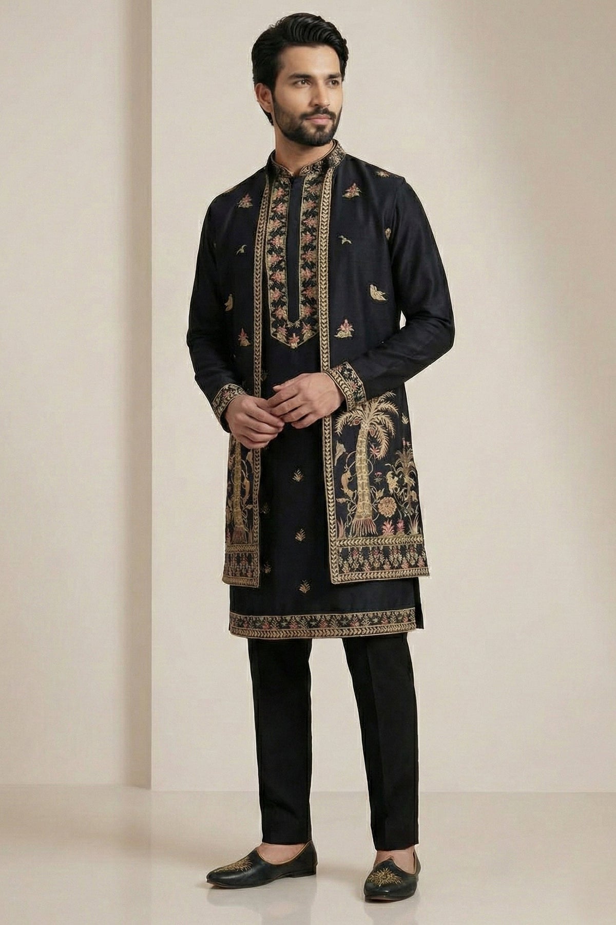 Black Satin Embroidered Jacket Indo Western Set